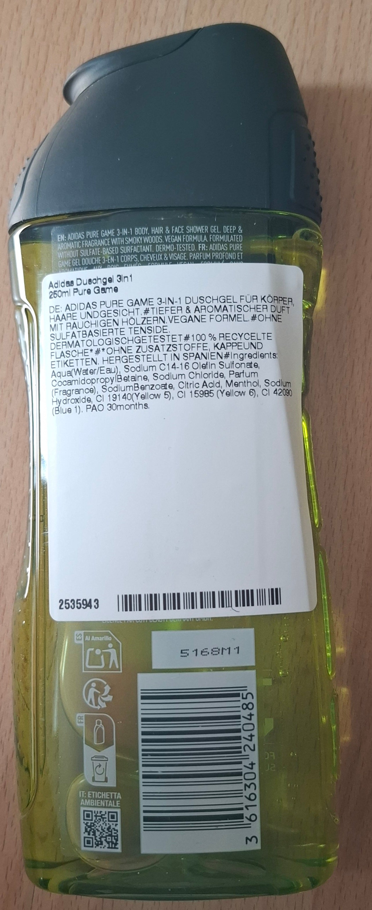 6x 250ml adidas Pure Game 3 in 1 Shower Gel Duschgel